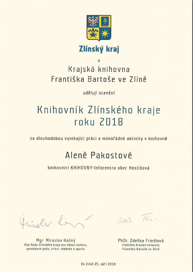 diplom Knihovník Zlínského kraje 2018
